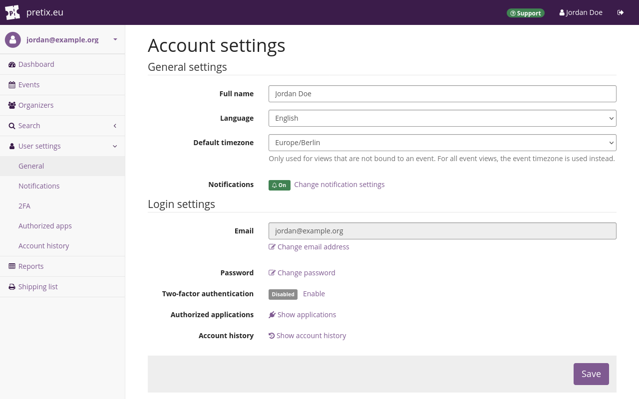 "Page titled 'Account settings', displaying settings for 'Full name', 'Language', 'Default timezone', 'Notifications', 'Email', 'Password', 'Two-factor authentication', 'Authorized applications', and 'Account history'."