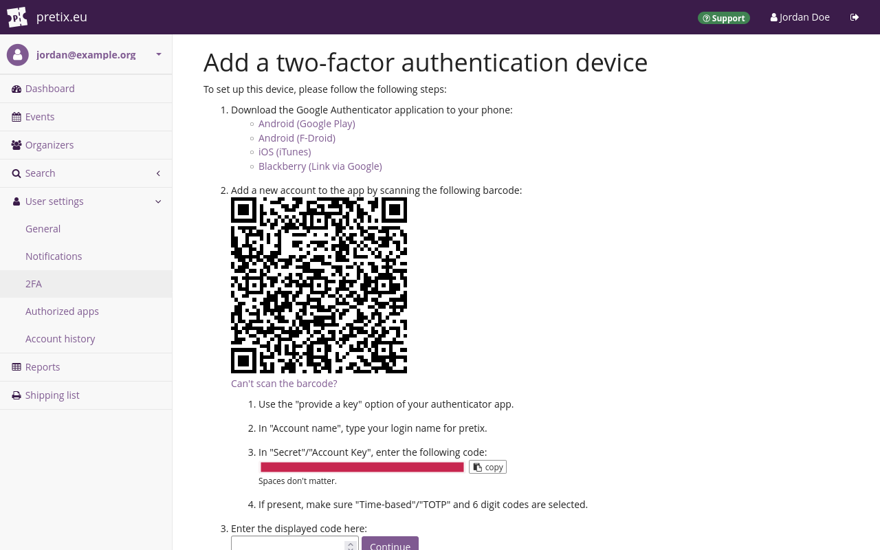 "Page titled 'Add a two-factor authentication device', instructing you to download an authenticator app, scan a QR code, alternatively enter a code in the app, and then enter the code from the app in the pretix backend."