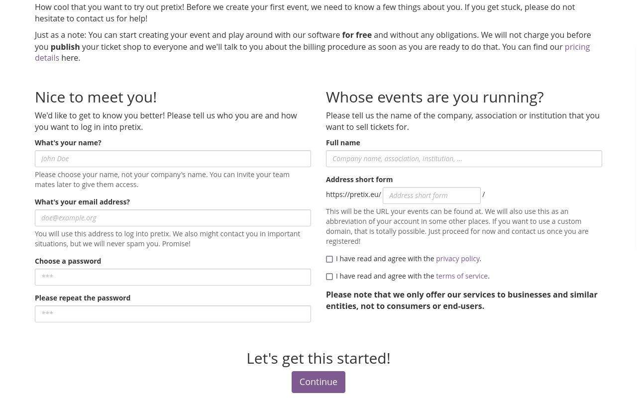 a website with input fields for account information as well as the name and short form of the organizer