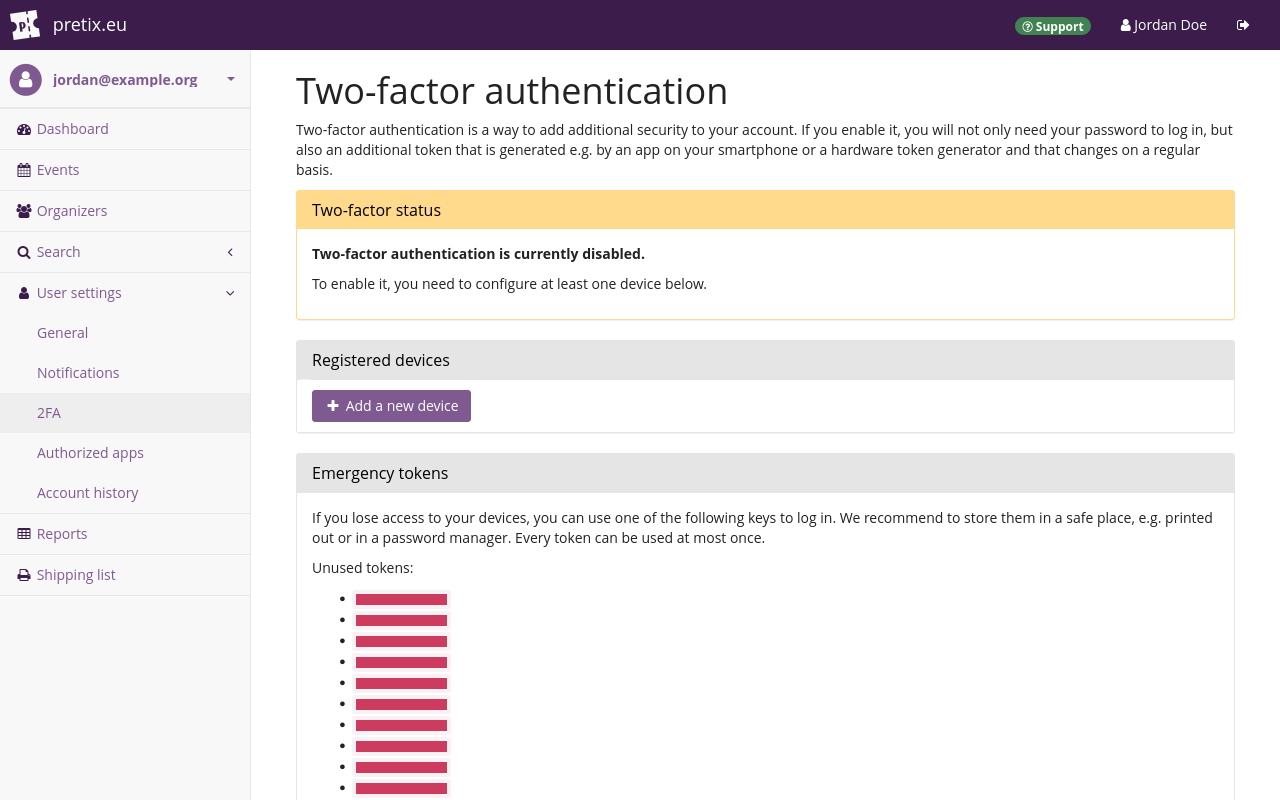 "Page titled 'Two-factor authentication', displaying the 'Two factor status' as 'currently disabled', a button for adding a new registered device, and emergency tokens."