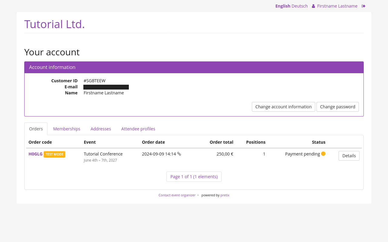 'Your account' page for an organizer named 'Tutorial Ltd.', displaying account information, orders, memberships, addresses, attendee profiles, and options to view and edit those.