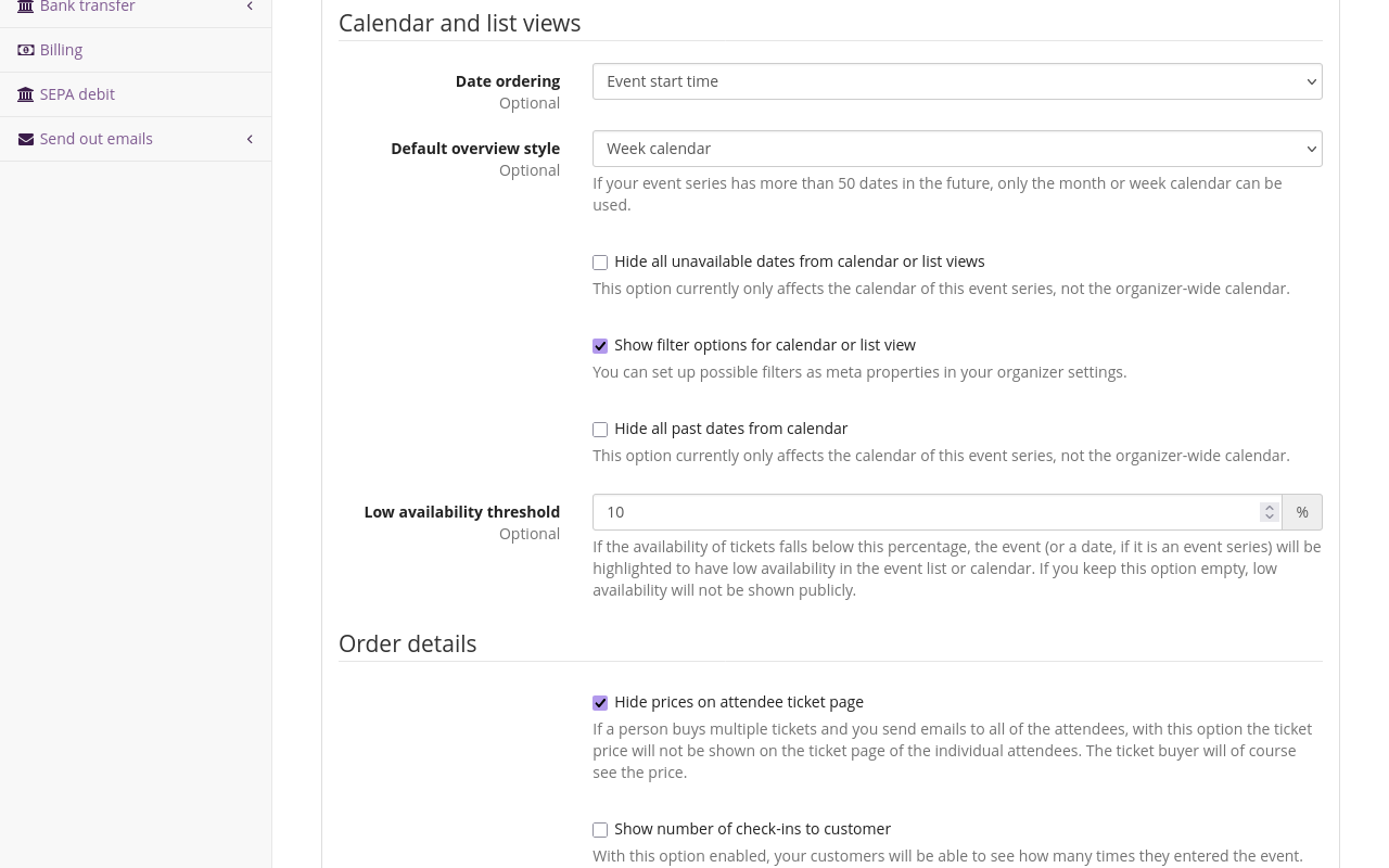 Page displaying the headline 'Calendar list and views'. Under 'Default overview style', the option 'Week calendar' has been selected.