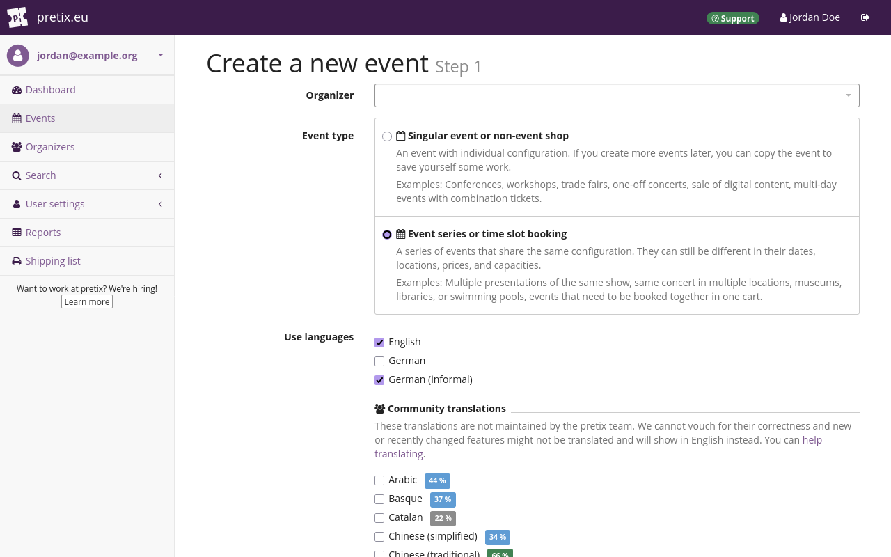 Create new event step 1 screenshot Screenshot of page titled "Create new Event—Step 1", showing options for choosing an organizer account, the event type, and languages.