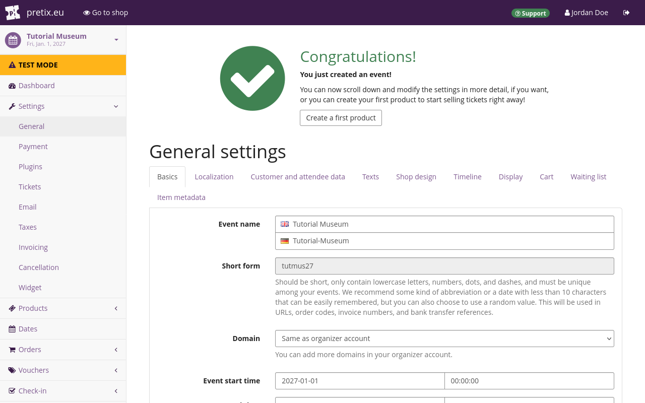 Create new event step 4 screenshot Screenshot of page titled "Congratulations! You just created an event!", showing a button for creating a first product, and ten tabs for switching to different settings.