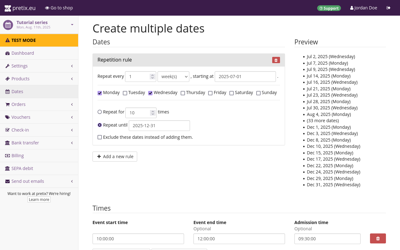 Page titled "Create multiple dates", displaying options for a repetition rule and times, as well as a preview of dates about to be created. 