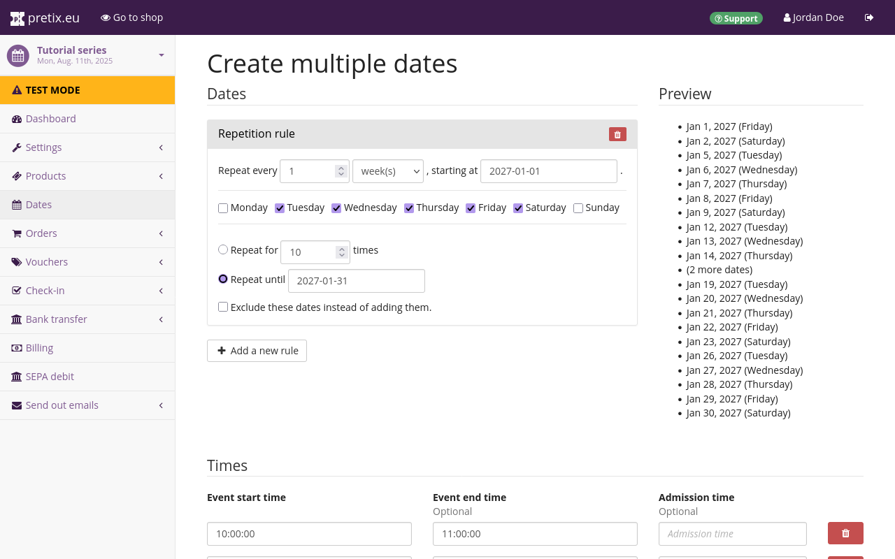 Page titled 'Create multiple dates', with selections made as described above. A preview listing all dates to be created is displayed on the right.