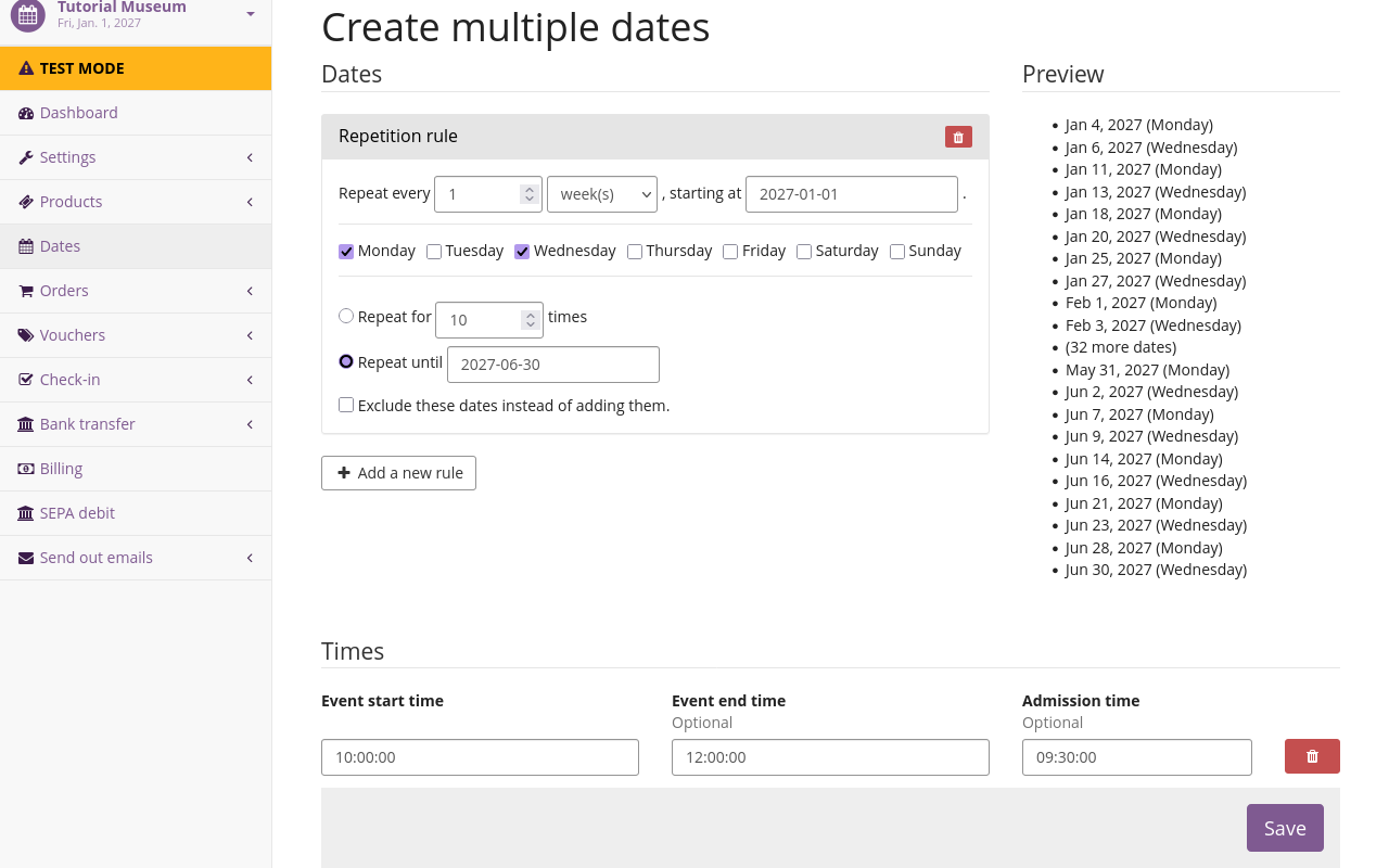Create multiple dates example Page titled "Create multiple dates", displaying options for a repetition rule and times, as well as a preview of dates about to be created.