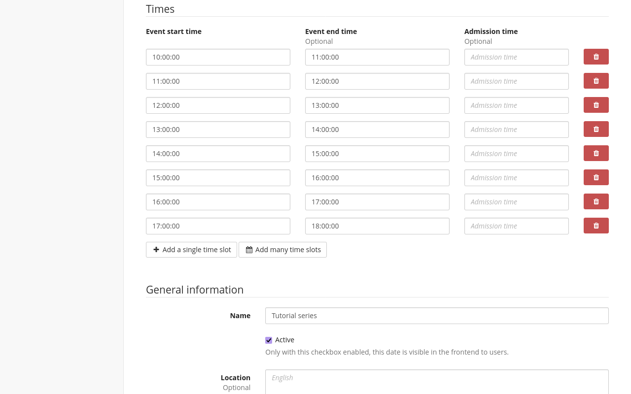 Page displaying the headline 'Times' and eight time slots ranging from 10 AM to 6 PM, each lasting an hour with no admission time specified.
