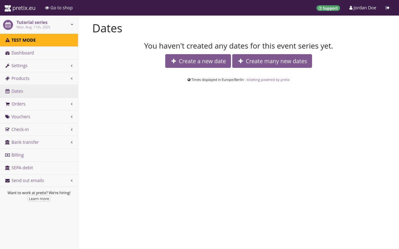 Page titled "Dates", displaying buttons for creating a single or multiple new dates. 