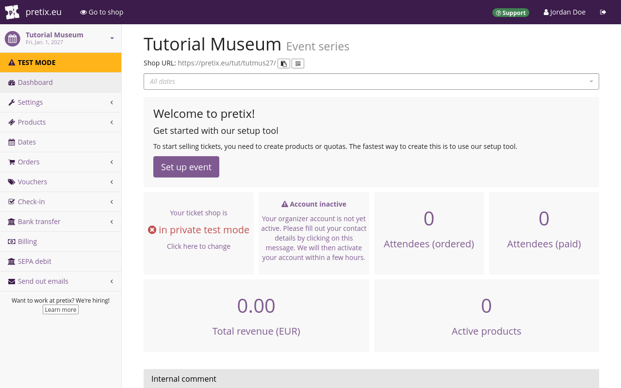 Event dashboard screenshot Screenshot of dashboard for a demo event titled Tutorial Conference, showing the title, buttons for sharing the event, the timeline, an overview of orders, payments and tickets left, as well as a field for internal comments. Not pictured: event logs for recent changes.