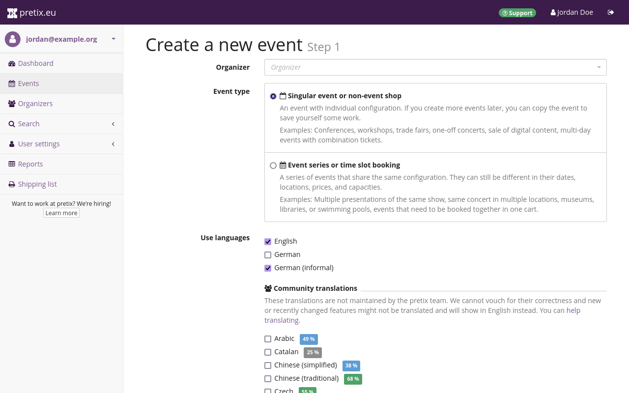 Page titled "Create new Event—Step 1", showing options for choosing an organizer account, the event type, and languages to be used.