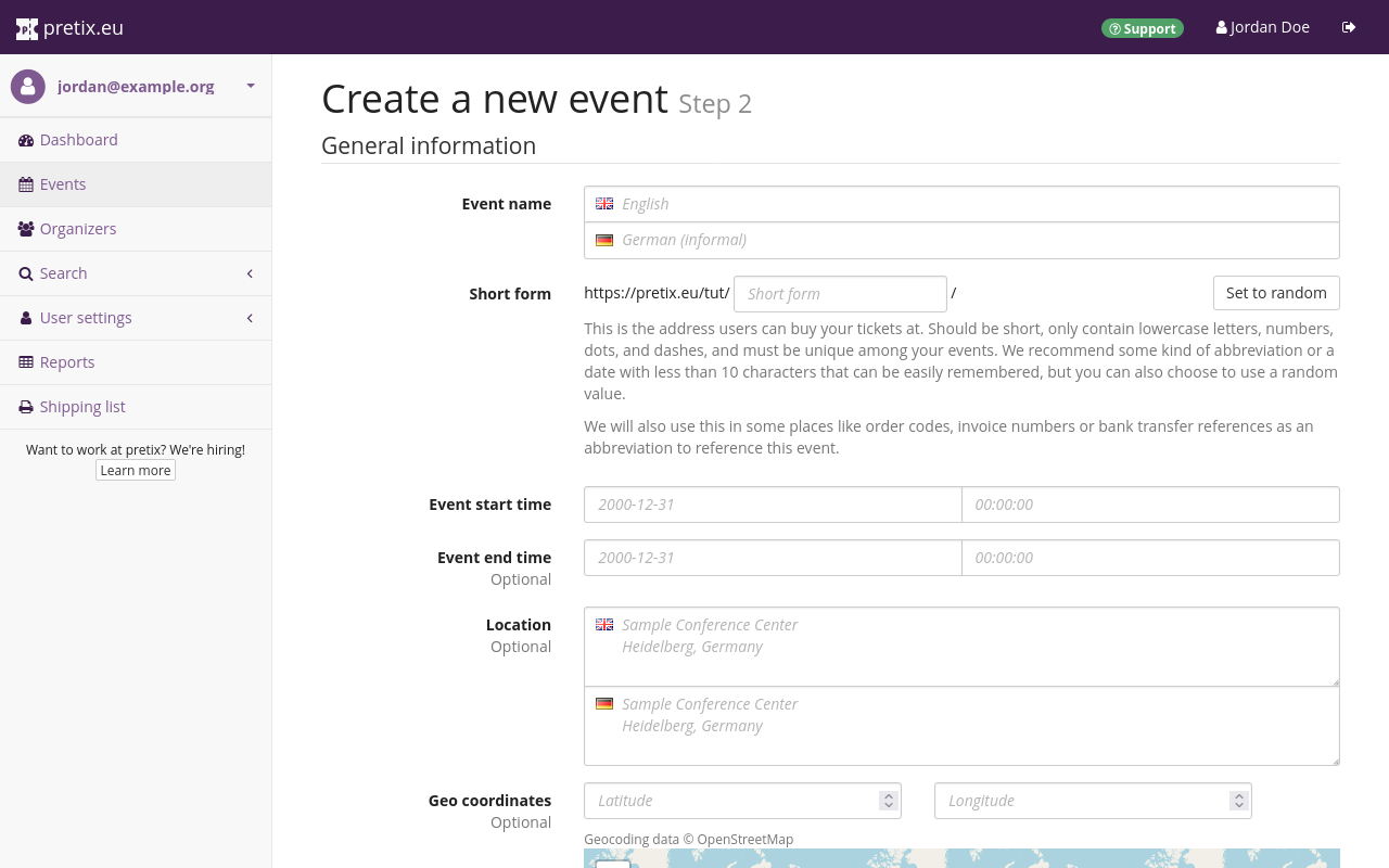 Screenshot of page titled "Create new Event—Step 2", showing options for choosing name, short form, date, location, and geo coordinates for the event. Not pictured: currency, sales tax rate, time zone, start and end date of presale.