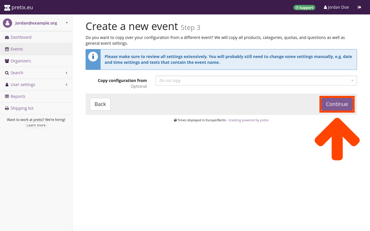 Screenshot of page titled "Create new Event—Step 3", showing an infobox asking the user to review all settings extensively and the option to import settings from a previously created event.