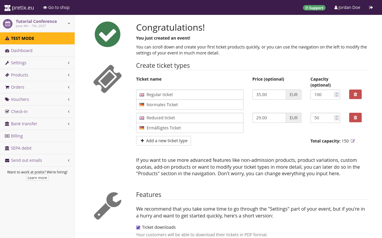 Screenshot of page titled "Congratulations! You just created an event!", showing options for creating ticket types and enabling a few basic features for the event. Not pictured: setting up payment options and providing contact information.