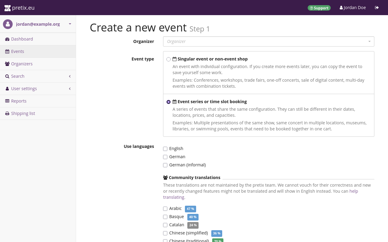 Page titled 'Create a new event (Step 1)'. Under 'Event type' the option 'Event series or time slot booking' is selected'  