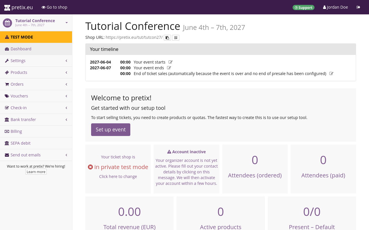 Screenshot of dashboard for a demo event titled Tutorial Conference, showing the title, buttons for sharing the event, the timeline, an overview of orders, payments and tickets left, as well as a field for internal comments. Not pictured: event logs for recent changes.