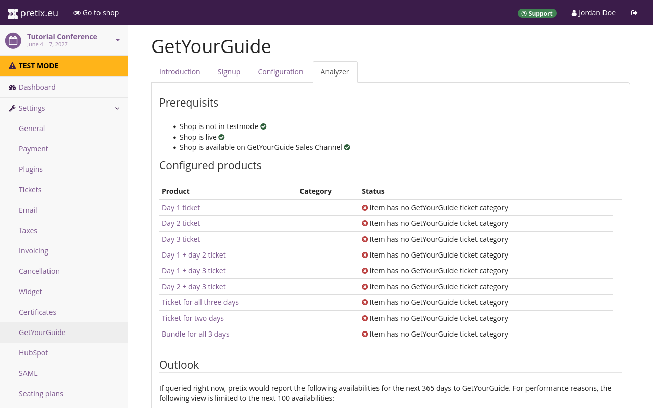 Page titled 'GetYourGuide', on the 'Analyzer' tab, listing the fulfilled prerequisites 'Shop is not in testmode', 'Shop is live', and 'Shop is available on GetYourGuide Sales Channel'. The page also lists configured products and an Outlook.