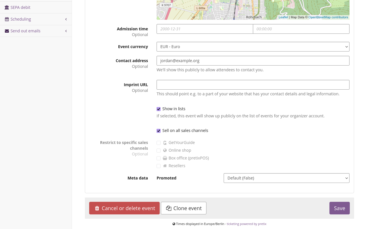 General settings page for an event, displaying the setting 'Restrict to specific sales channels'. The box 'Sell on all sales channels' is checked. The options below include GetYourGuide.