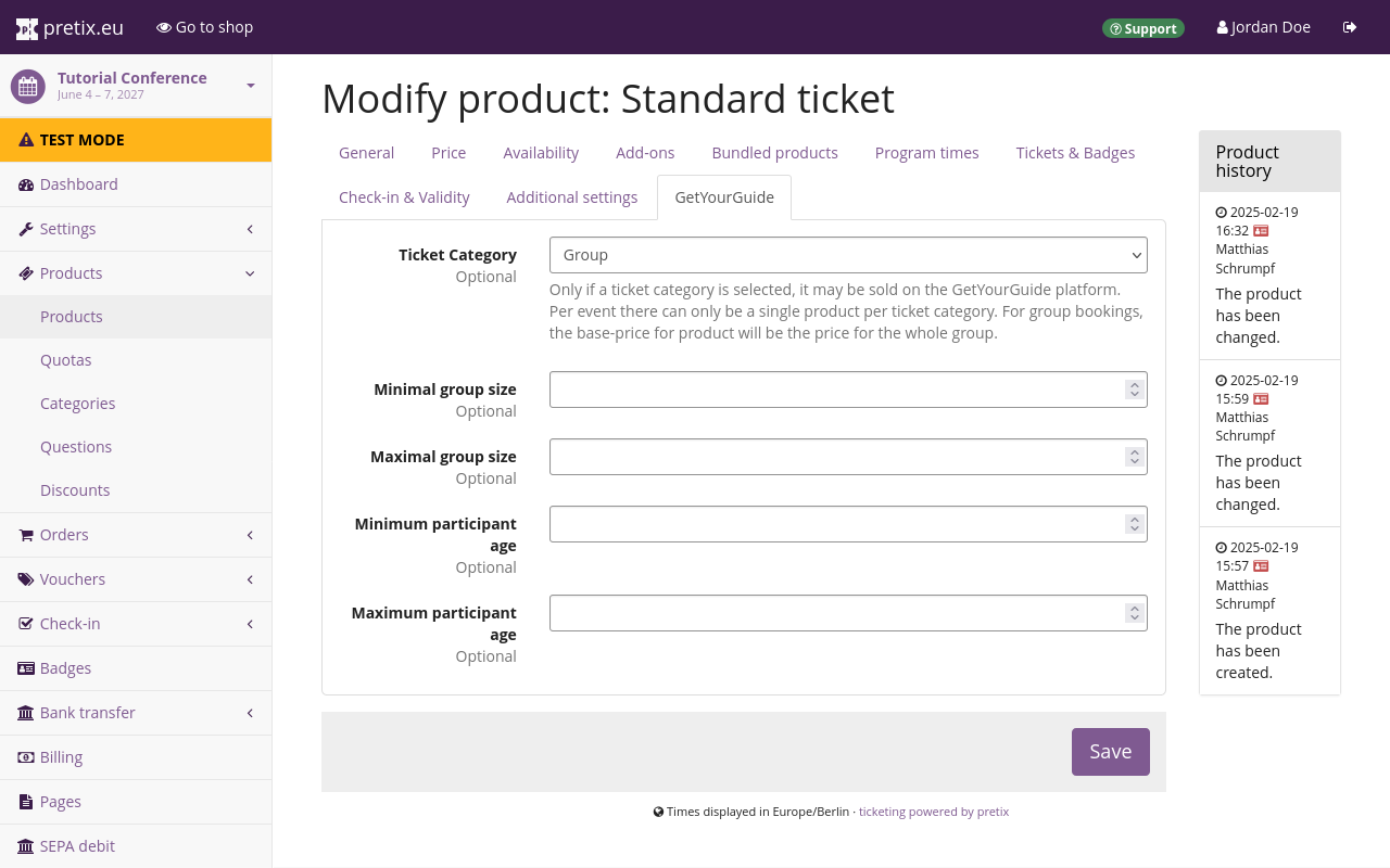 Page titled 'Modify product: Standard ticket', on the 'GetYourGuide' tab, displaying options for 'Ticket Category', 'Minimal group size', 'Maximal group size', 'Minimum participant age', and 'Maximum participant age'