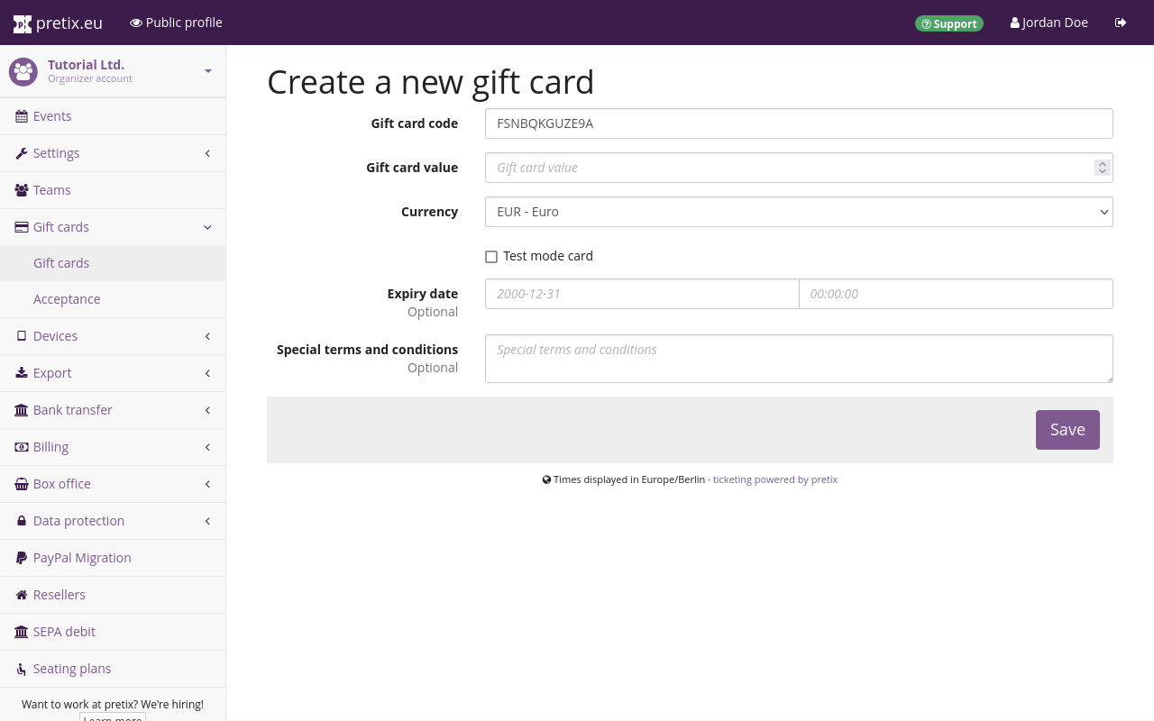 Page titled Create a new gift card featuring text input fields for code, value, expiry date as well as special terms and conditions, plus choices for currency and whether or not the card is for test mode.