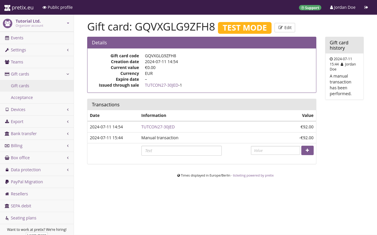 Page titled Gift card: gift card code, showing a gift card that has been created through an order with a value of €92.00 and a manual transaction of minus €92.00, leaving the gift card at a value of €0.00.