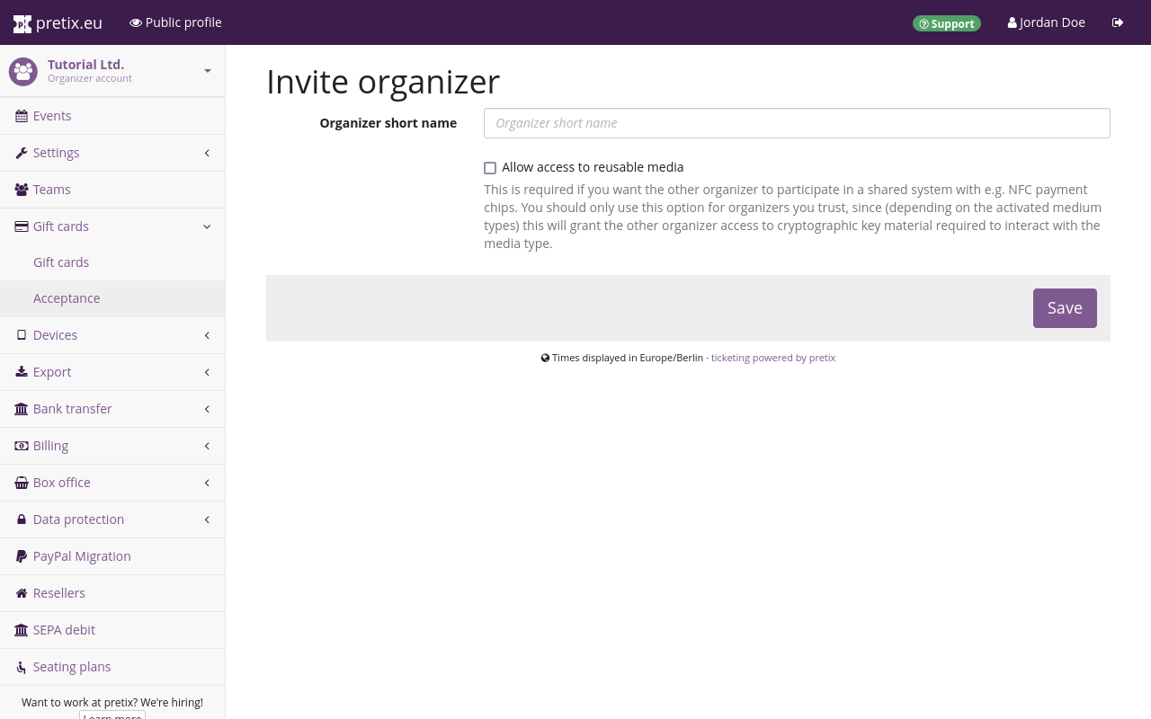 Page titled Invite organizer, showing a text input for the organizer's short form and a checkbox for allowing access to reusable media, both empty.