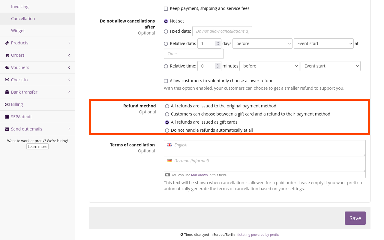 Page titled Cancellation settings, on the Paid orders tab, highlighted are the settings for Refund method, offering four options, two of them involving gift cards.