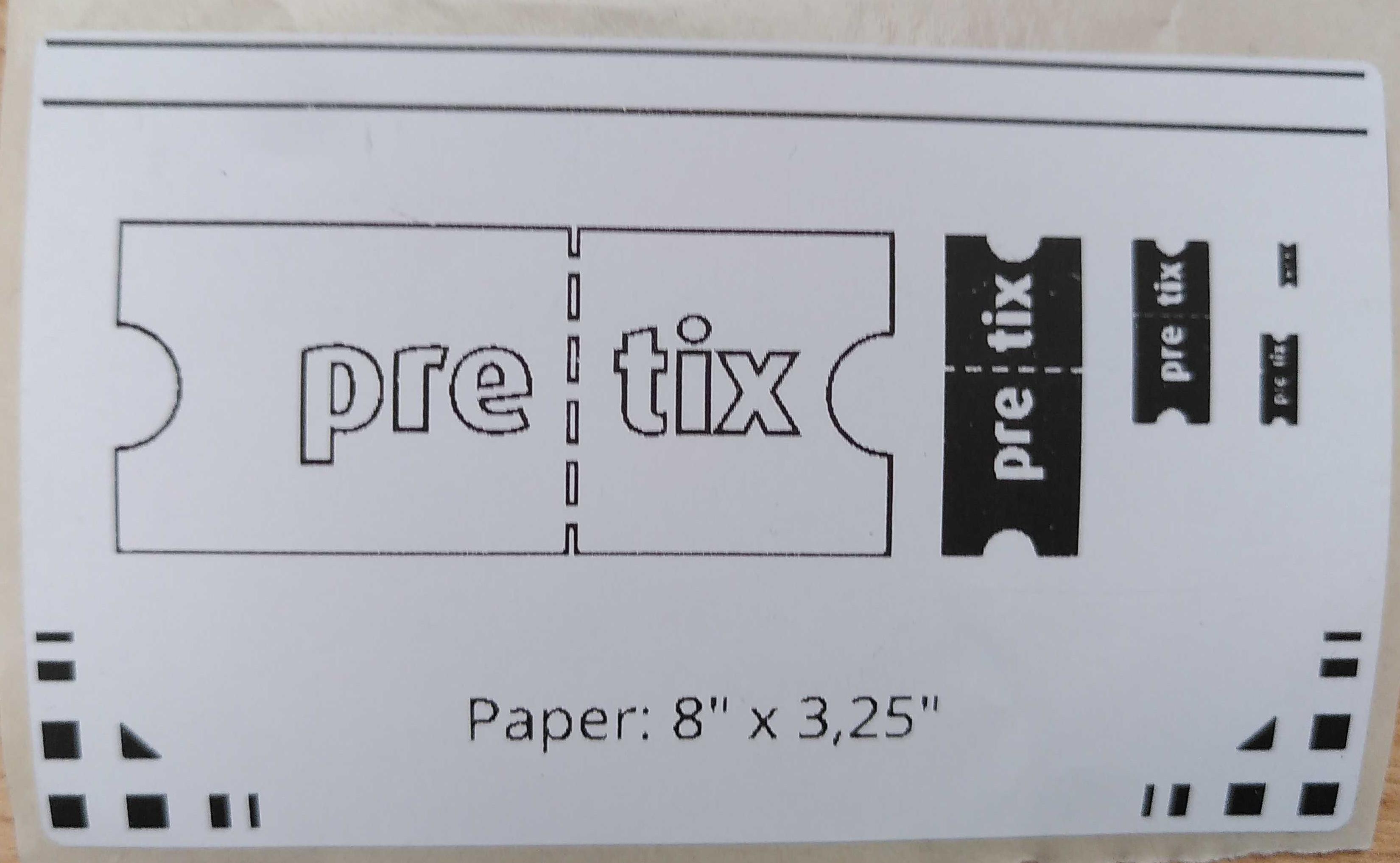 "Ein weißes Klebeetikett mit Mustern, pretix-Logos und der Papiergröße: 8 x 3,25 Zoll"