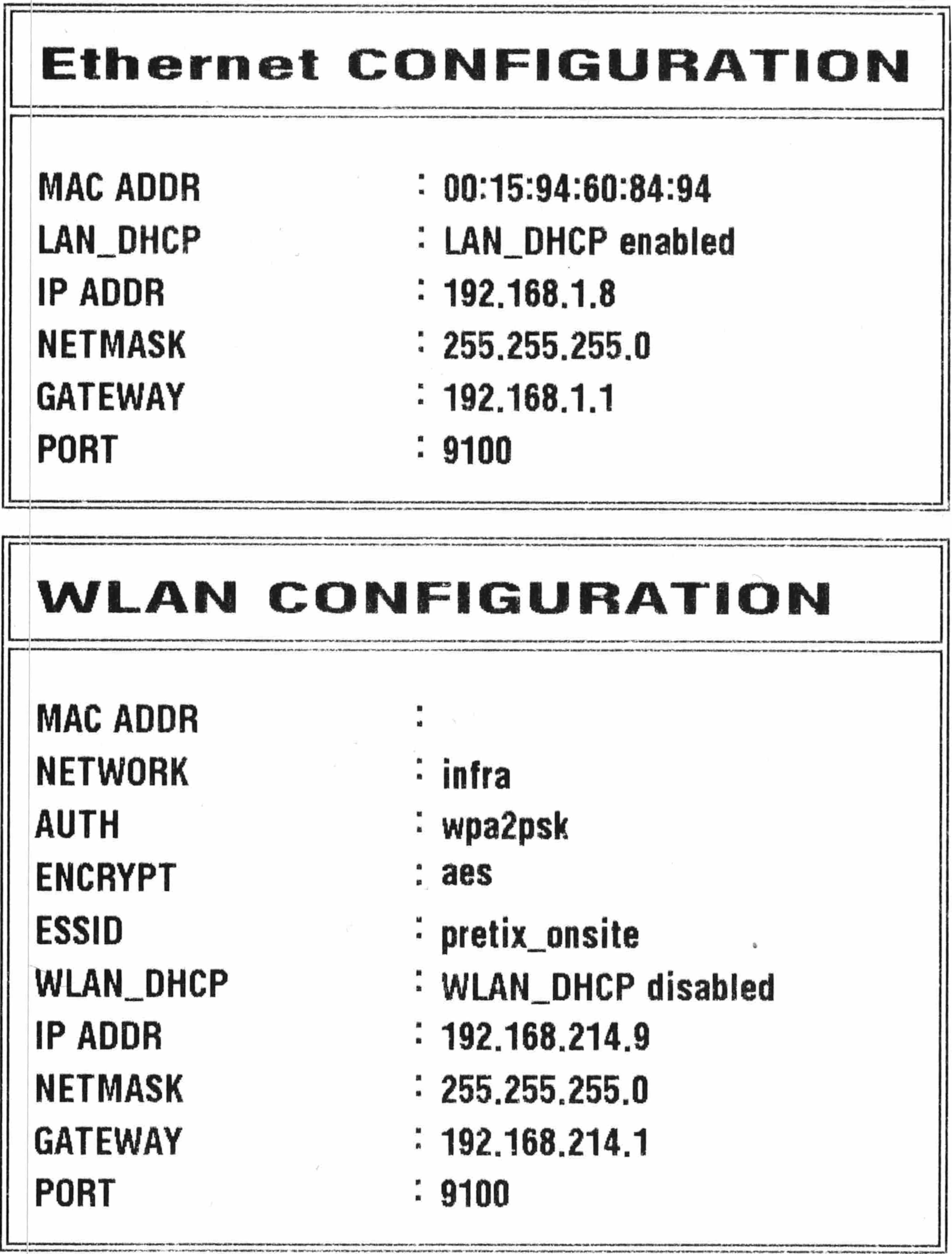"Scan von weißen Klebeetiketten mit zwei Überschriften: 'Ethernet CONFIGURATION' und 'WLAN CONFIGURATION'. Die beiden Abschnitte enthalten Daten für die Netzwerkverbindung."