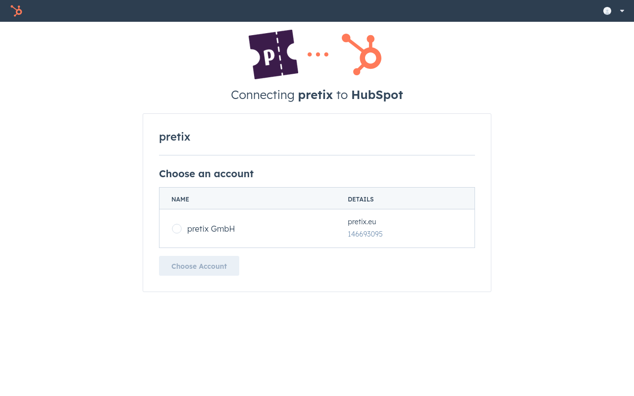 Page titled 'Connecting pretix to HubSpot', displaying a list of accounts to choose from and a button labeled 'Choose account'.