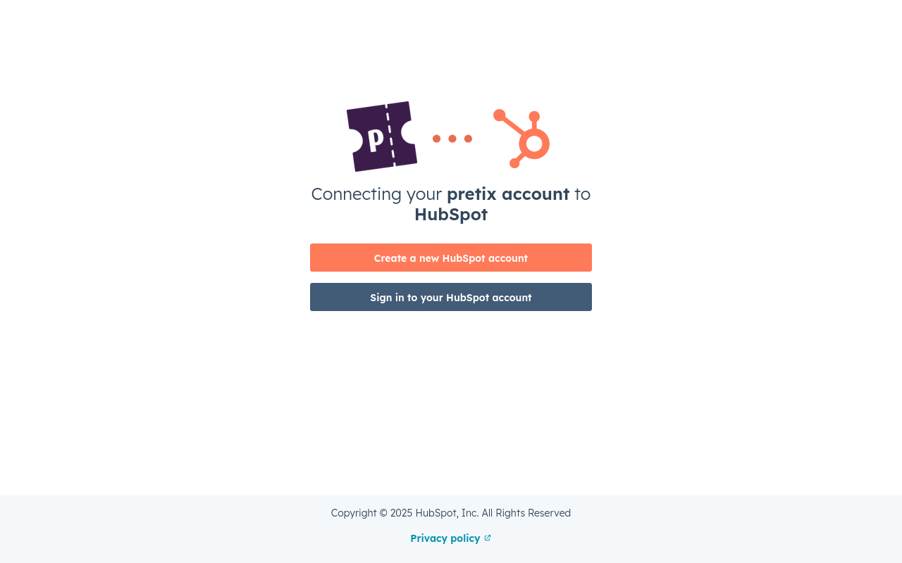 Page titled 'Connecting your pretix account to HubSpot', displaying the pretix and HubSpot logos and buttons labeled 'Create a new HubSpot account' and 'Sign in to your HubSpot account'.