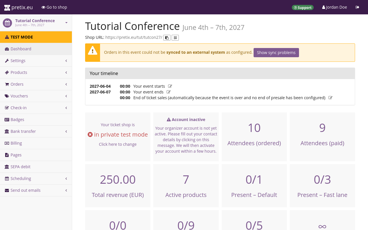 Event dashboard displaying, among other things, a yellow warning box with the text 'Orders in this event could not be synced to an external system as configured' and a purple button labeled 'Show sync problems'. 