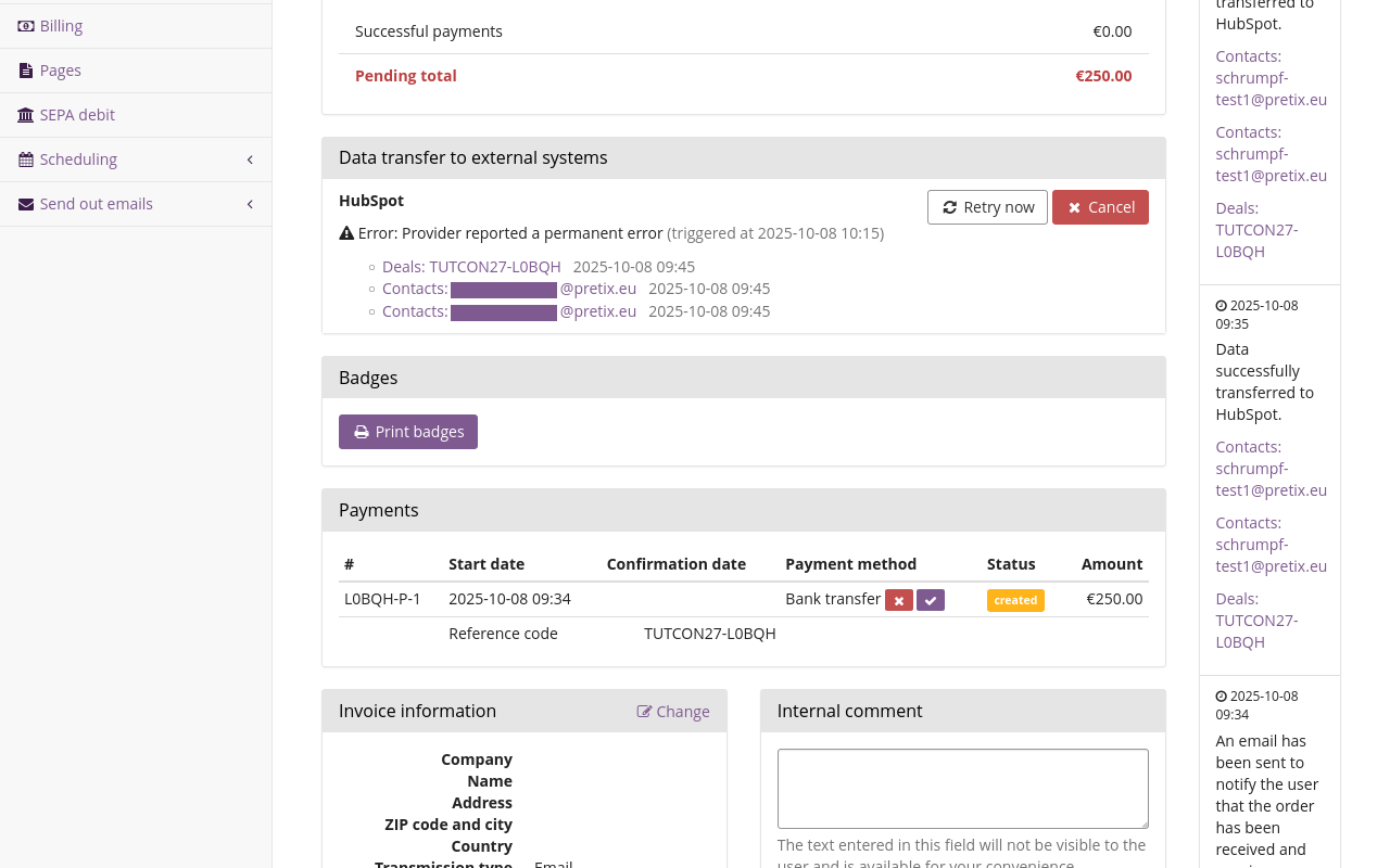 Page for an individual order, displaying, among other things, a box titled 'Data transfer to external systems'. The box displays the headline'HubSpot', the message 'Error: Provider reported a permanent error', the time the synchronization was triggered, the faulty entries in the HubSpot database, and buttons for retrying and canceling the data transfer.
