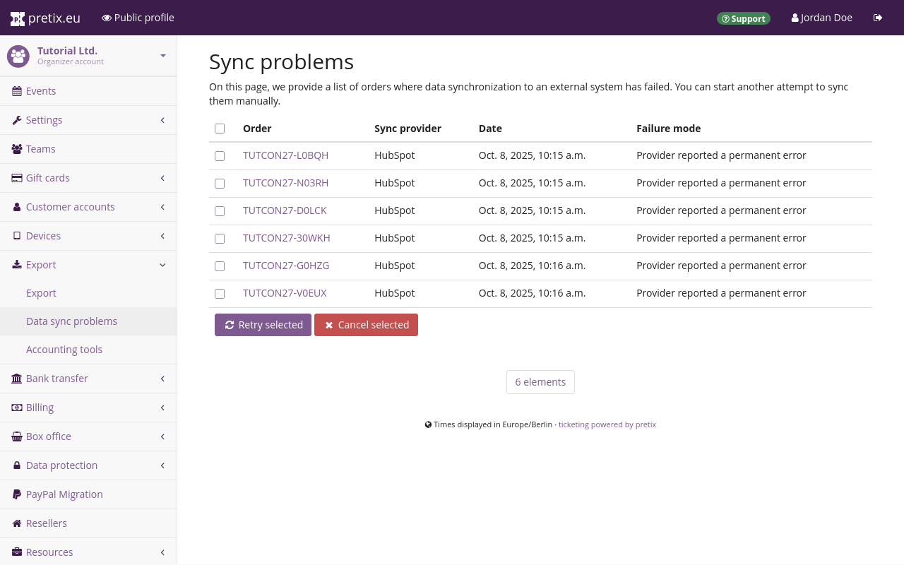 Page titled 'Sync problems', displaying a list of orders with columns for order code, sync provider, date, and failure mode. The sync provider is 'HubSpot' and the failure mode is 'Provider reported a permanent error' for every entry.