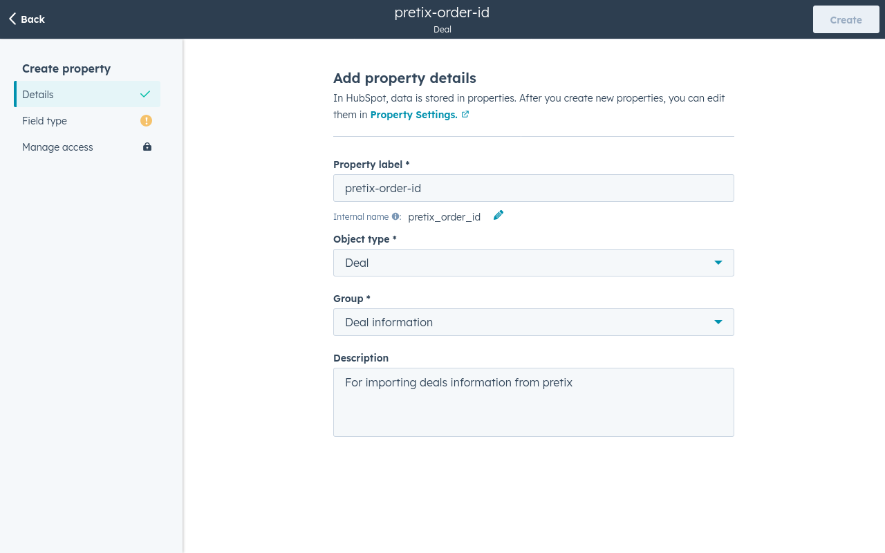 HubSpot page titled 'Add property details', displaying the properties described above plus an optional description field: 'For importing deal information from pretix'. 
