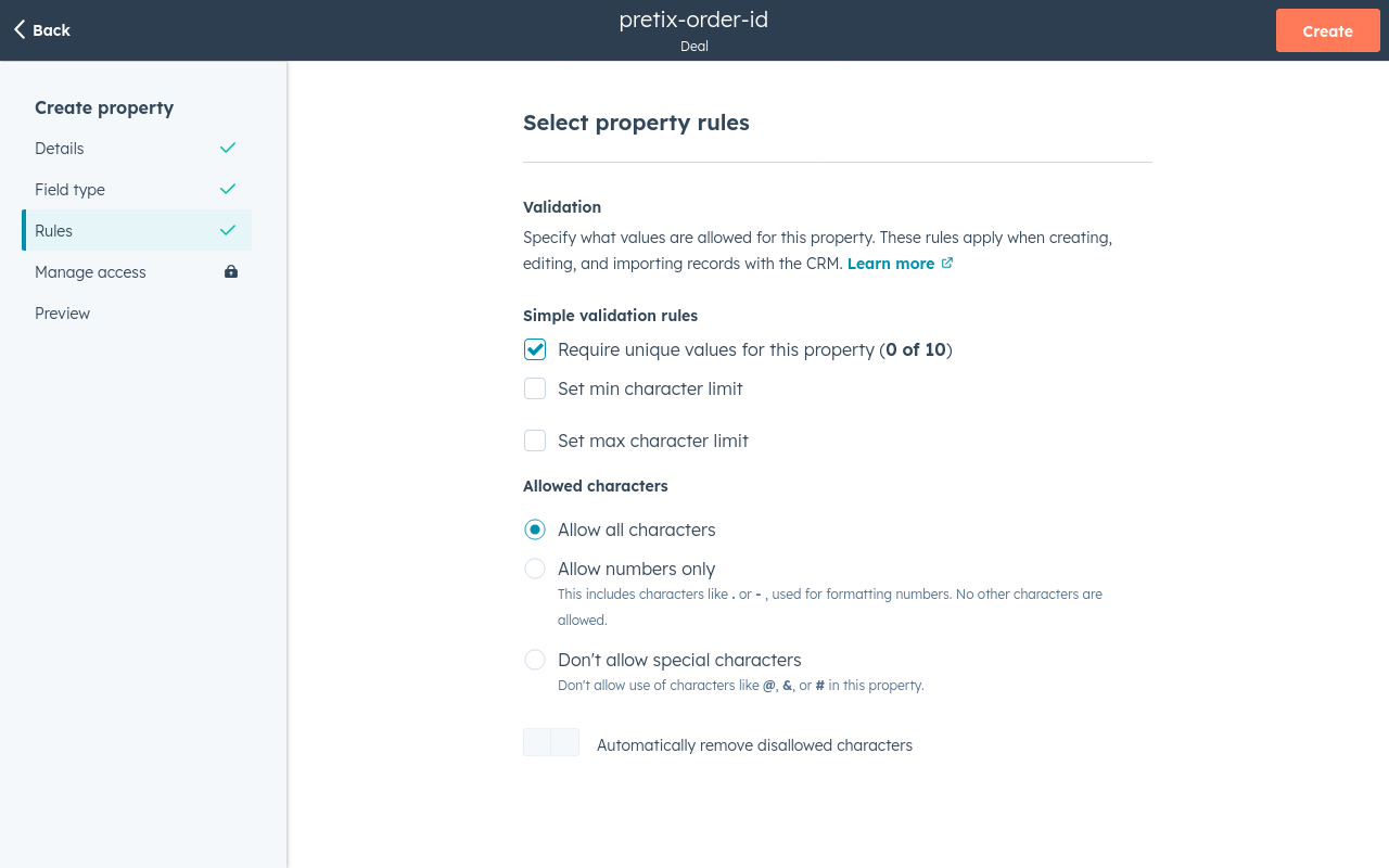 HubSpot page titled 'Select property rules', displaying, among other things, the subheading *Simple validation rules' and the activated checkbox 'Require unique values for this property (0 of 10) . 