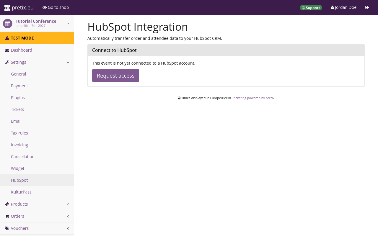 Page titled 'HubSpot Integration', displaying a large purple button labeled 'Request access'.