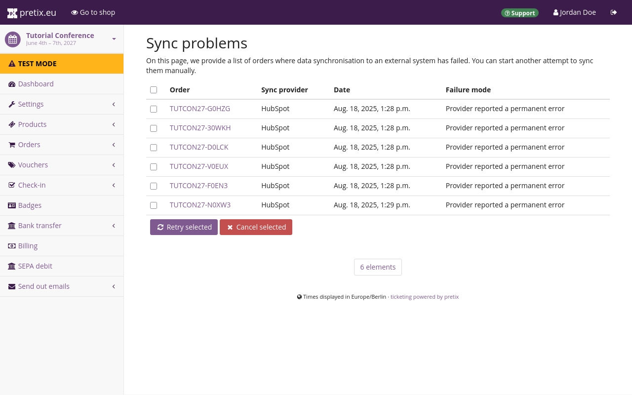 Page titled 'Sync problems', displaying a list of orders with columns for order code, sync provider, date, and failure mode. The sync provider is 'HubSpot' and the failure mode is 'Provider reported a permanent error' for every entry.