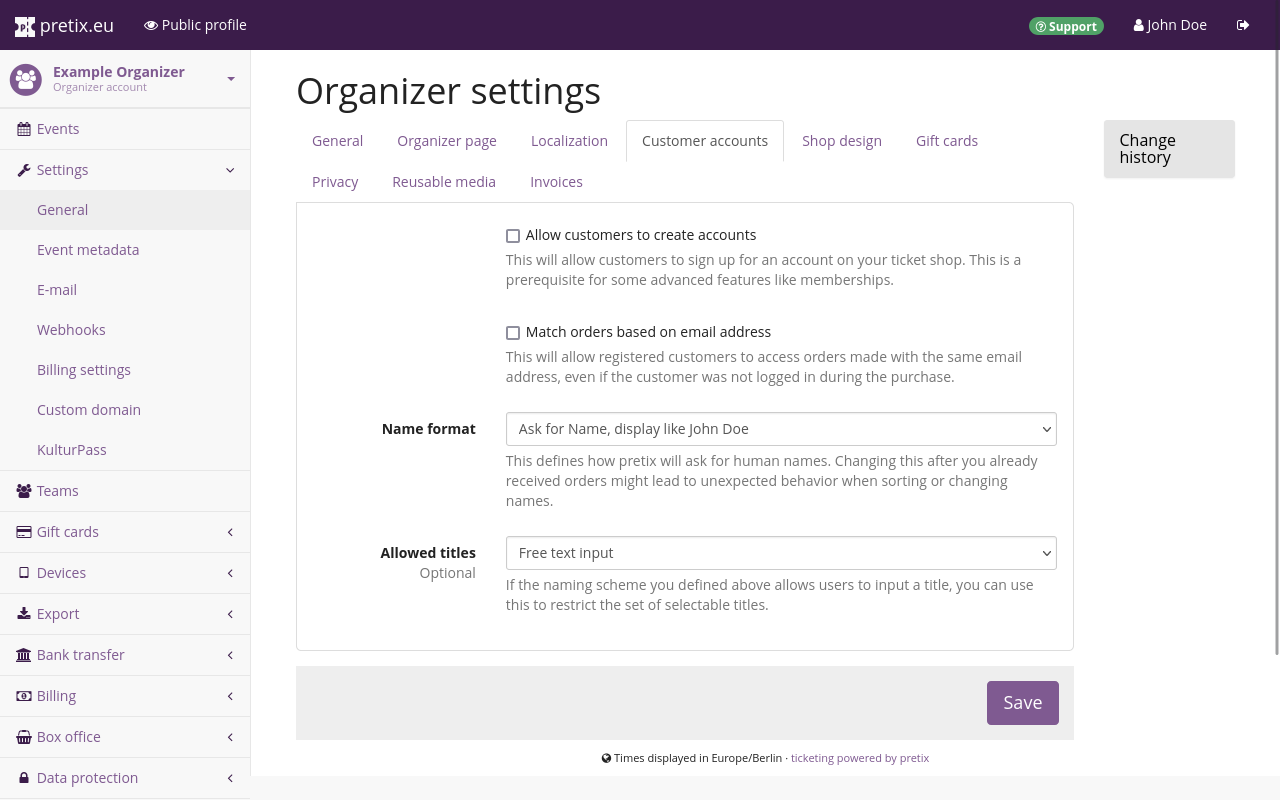 Organizer settings page, on the customer accounts tab, showing options for whether or not to allow customers to create accounts, whether or not to match orders based on mail addresses, as well as options for name formatting and allowed titles