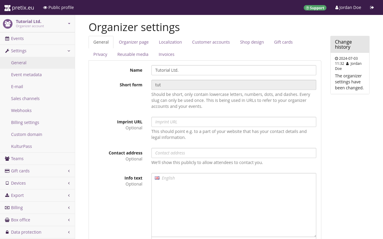 Organizer settings page, on the general tab, showing the following options: Name, Short form, Imprint URL, Contact address, Info text. Not pictured: 'Allow creating a new team during event creation' option, 'Save' button