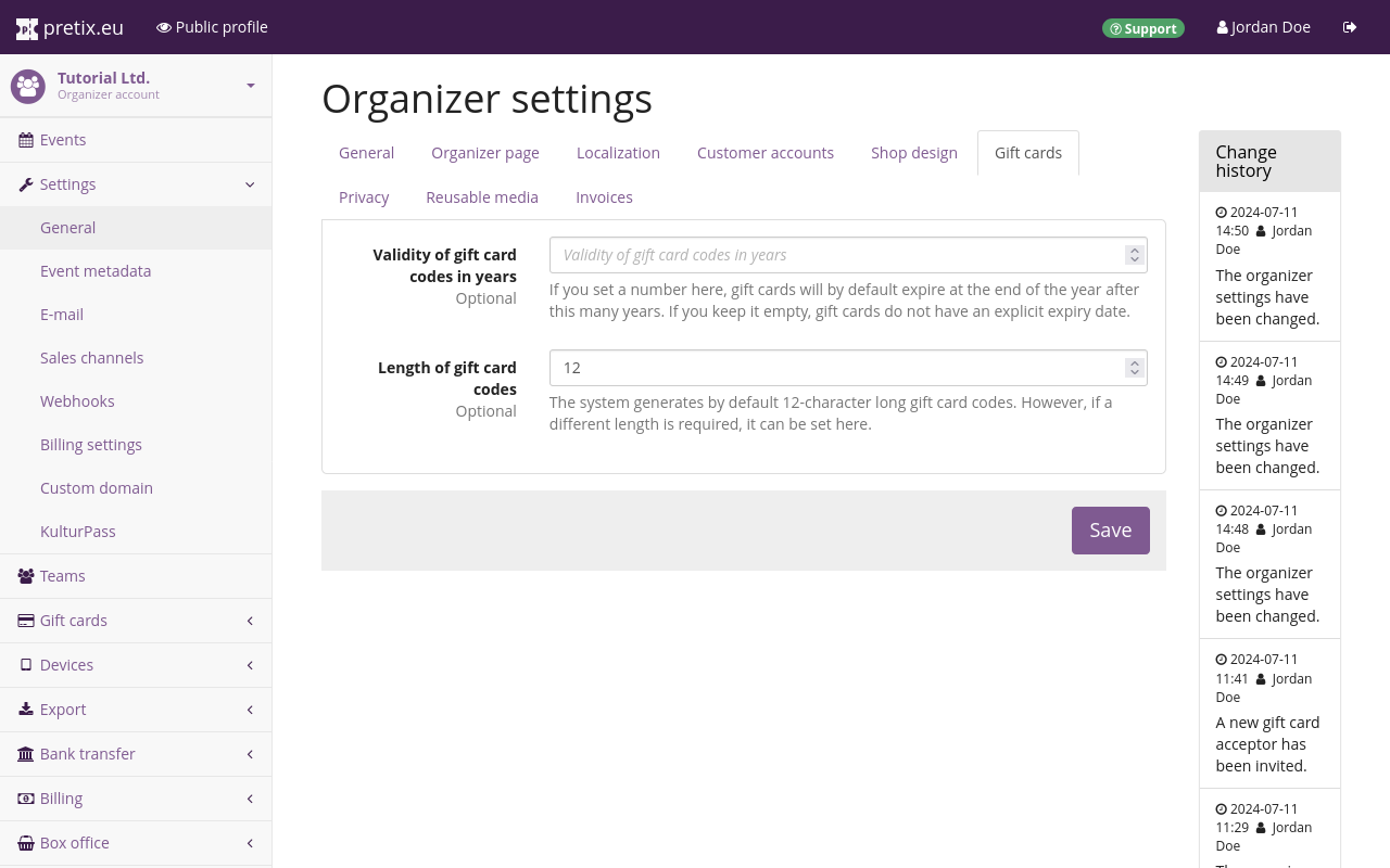 Organizer settings page, on the gift cards tab, showing options for how many years gift cards are valid for, and for how many digits gift card codes have.