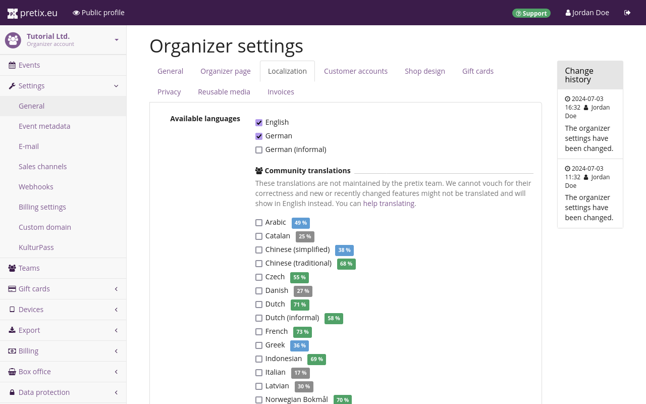 Organizer settings page, on the localization tab, showing the official language options English, German, and German (informal) as well as a list of community translations from Arabic to Polish