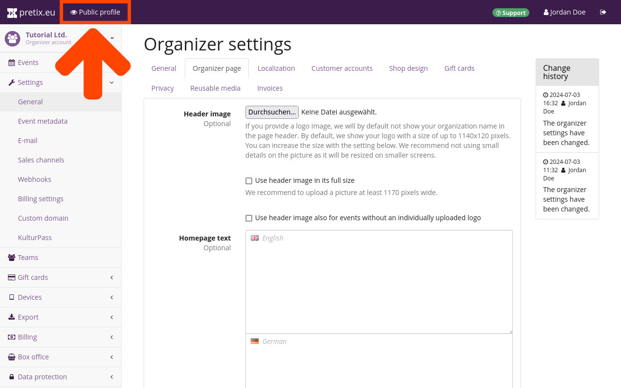 Organizer settings page, on the organizer page tab, showing the following options: Header image, Use header image in its full size, Use header image also for events without an individually uploaded logo, Homepage text (in multiple languages). The "Public profile" button in the top bar is highlighted.