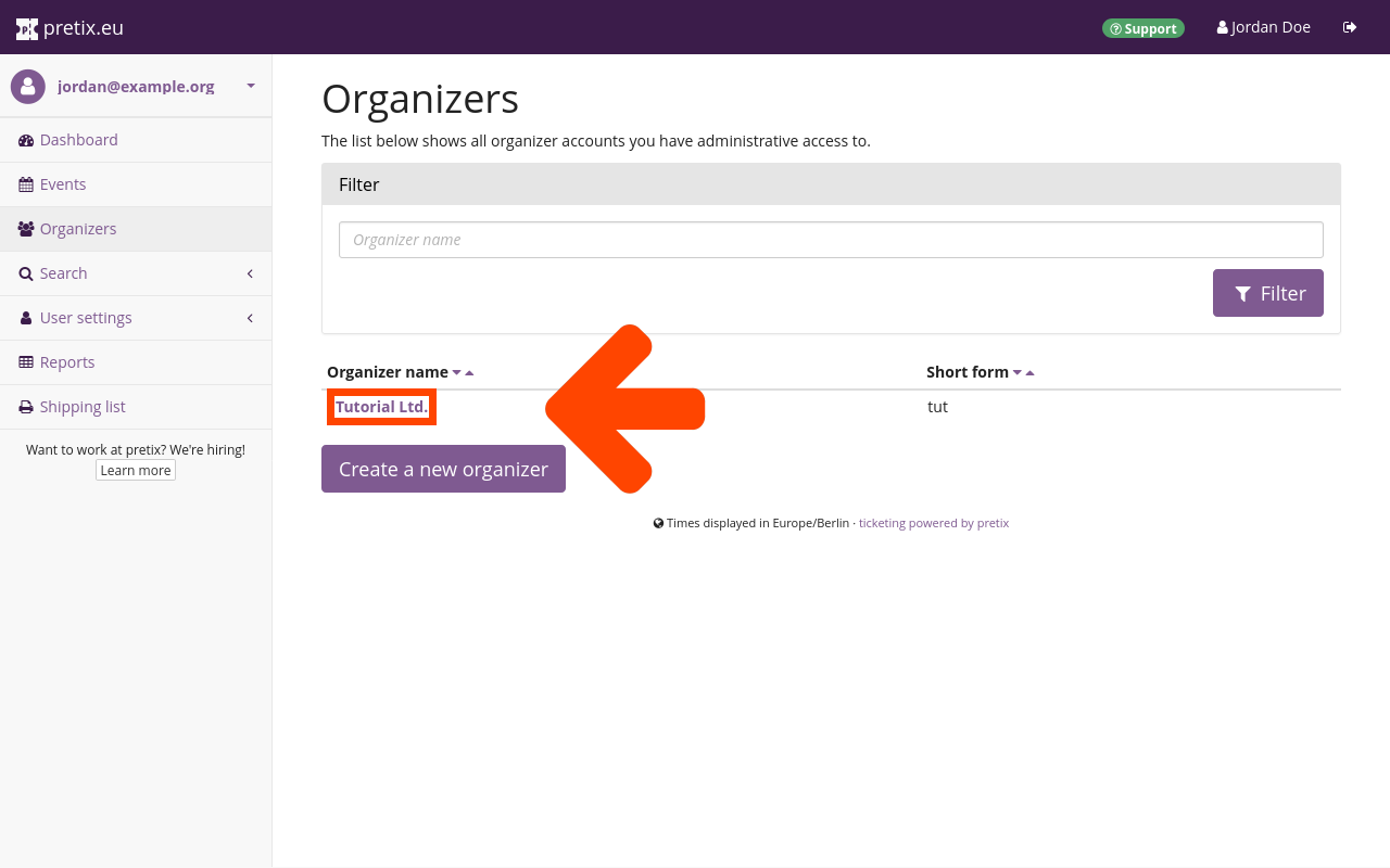 pretix.eu organizers page, showing the list of available organizer accounts which only includes 'Example Organizer'. There we will find a filter function for the list of available organizers and a button labeled 'Create a new organizer'