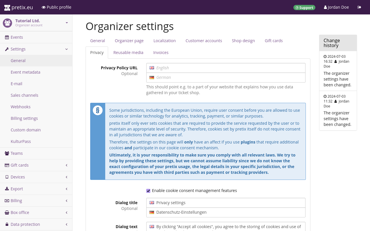 Organizer settings page, on the privacy tab, showing input fields for the URLs to a privacy policy in different languages, a large blue box with legal info, and prefilled text fields for the privacy settings dialog