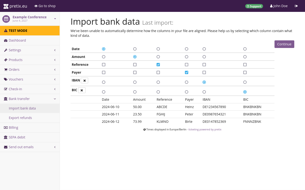 Import bank data page with a dialog asking the user to assign columns from a CSV file to the data points date, amount, reference, payer, IBAN and BIC. Radio buttons and checkboxes map each type of data to a column in the CSV containing that type of data. 