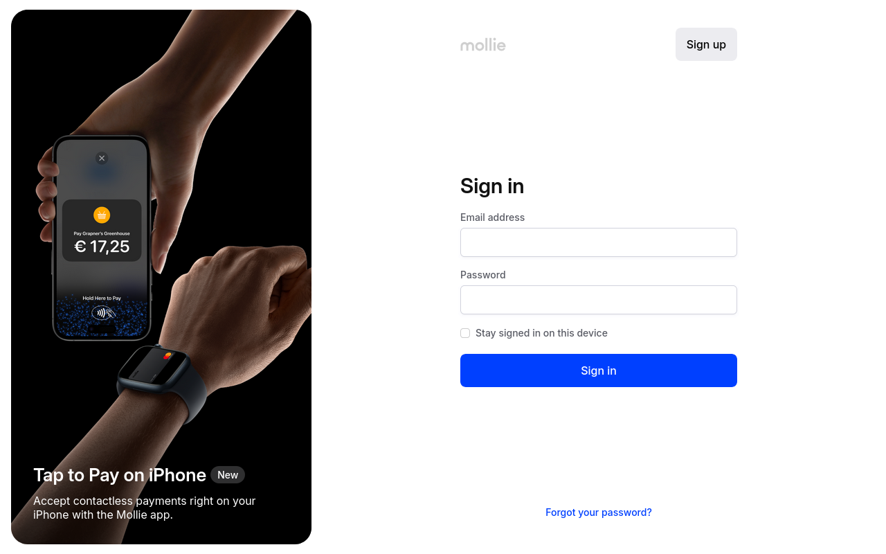 Mollie website with a form for singing in and an image advertising "Tap to Pay on iPhone".