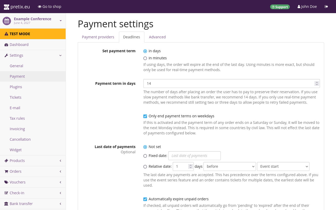 Payment settings page. The "deadlines" tab is open, showing various options for settings deadlines.