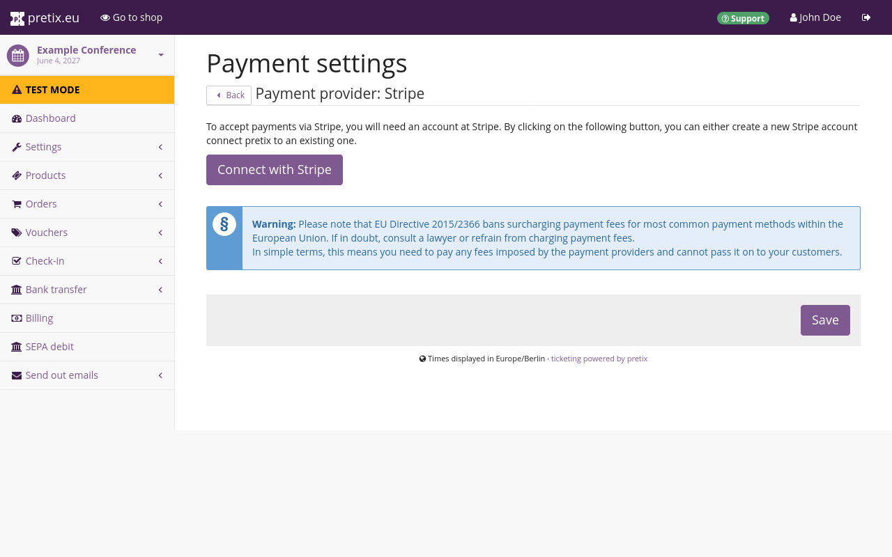 Settings page for stripe, showing a large purple button labeled 'Connect with Stripe'