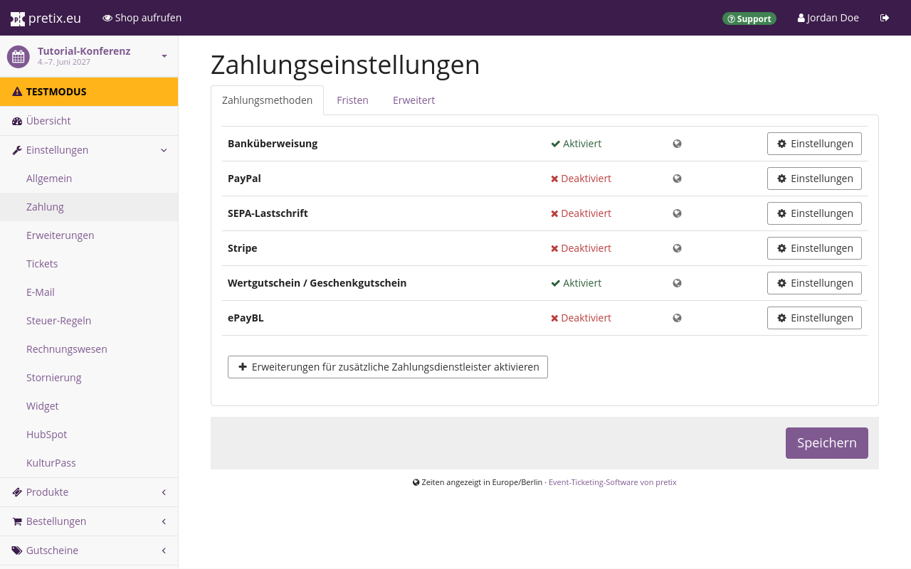 Zahlungseinstellungen. Der Tab "Zahlungsmethoden" ist offen und zeigt eine Liste mit den folgenden Einträgen: Banküberweisung, PayPal, SEPA-Lastschrift, Stripe, Wertgutschein / Geschenkgutschein und ePayBL. Banküberweisung und Gutschein sind aktiviert, alle anderen sind deaktiviert. Alle Einträge haben einen Button für Einstellungen.